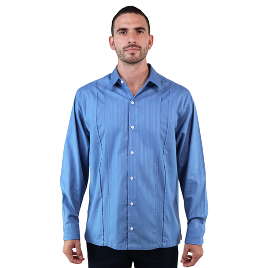 Camisa Guayabera Bordada Color Azul Corte Regular De Algodón Para Caballero