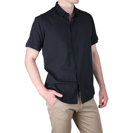 Camisa Básica Negra Slim Fit Hombre Manga Corta Lisa Casual