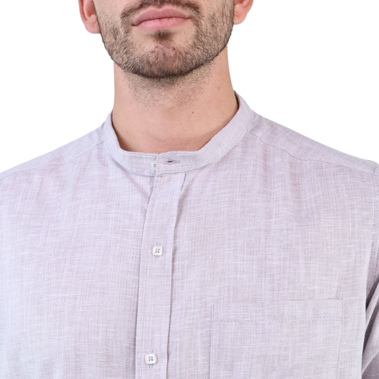 Camisa Gris Textura Lino Manga Larga Slim Fit Cuello Mao Para Caballero