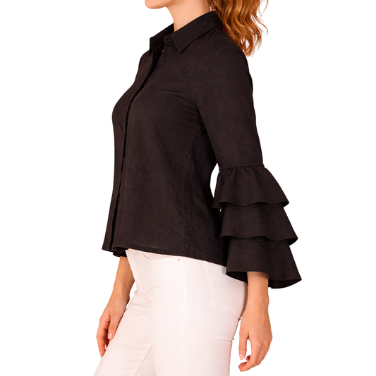 Blusa Negra Manga Larga Con Olanes Moderna Con Botones Para Mujer