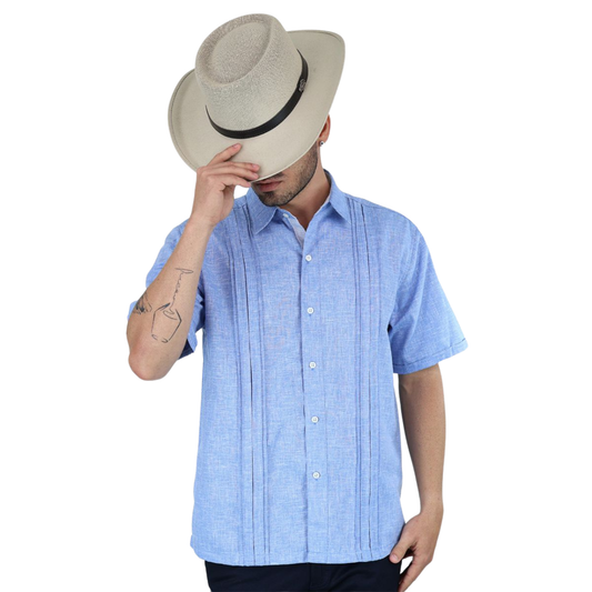 Camisa Manga Corta Color Arena Look Lino Con Alforzas Para Caballero