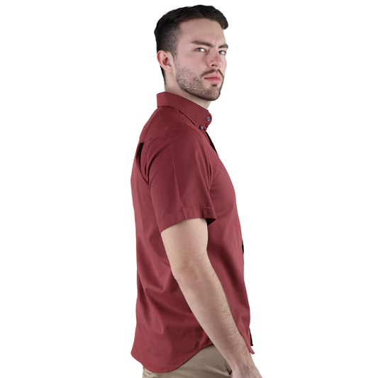 Camisa Manga Corta Rojo Vino De Algodón Corte Regular Para Caballero
