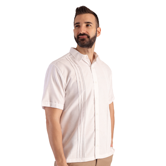 Guayabera Manga Corta Blanca Con Alforzas Look De Lino Para Caballero
