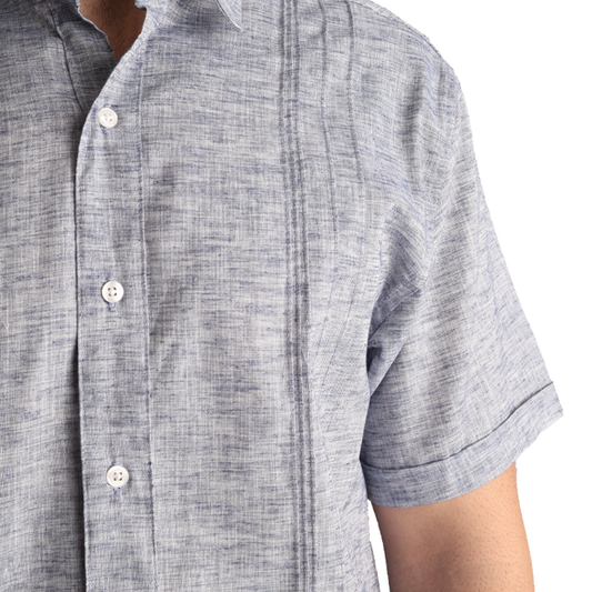 Camisa Tipo Guayabera Azul Marino Manga Corta Look Lino Para Caballero