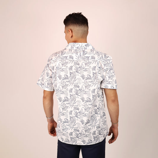 Camisa Floral Line Art Tropical Hombre Manga Corta Casual