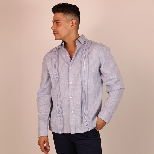 Guayabera Manga Larga Azul Plúmbago Jaspe con Alforzas Hombre