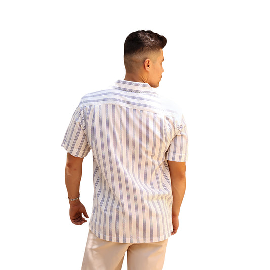 Camisa Hombre Estampado Vertical Azul con Blanco de Algodón Corte Loose Fit