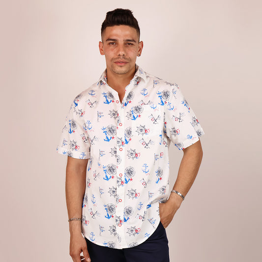 Camisa Estampada Nautica Hombre Manga Corta Fresca de Algodon