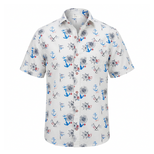 Camisa Estampada Nautica Hombre Manga Corta Fresca de Algodon