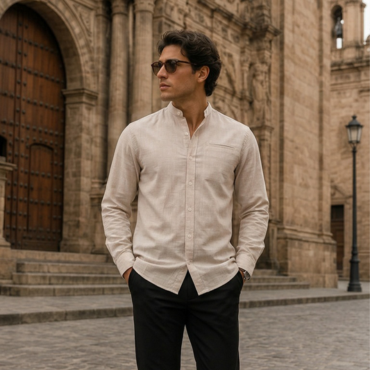 Camisa Caqui Hombre Manga Larga Cuello Mao Jaspeada con Bolsa
