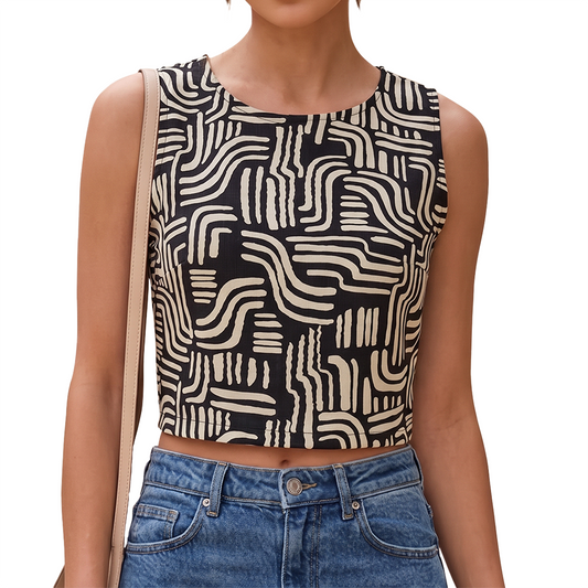 Blusa Mujer Corta Sisada Estampada Negra Cuello Redondo Casual