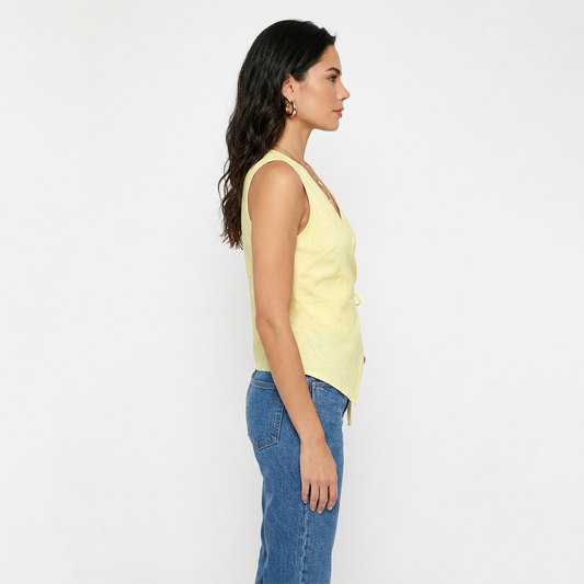 Blusa Amarilla Mujer Escote Cruzado Ajuste de Lazo Estiliza Figura