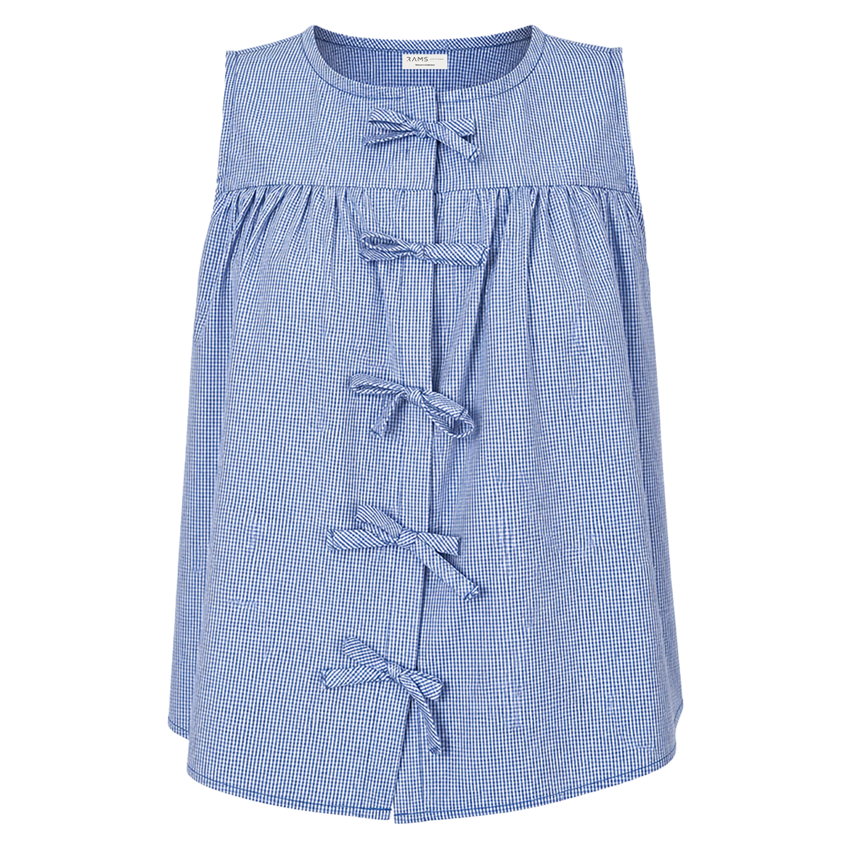 Blusa Azul Mujer Sin Mangas Cuadros Pequeños con Moños