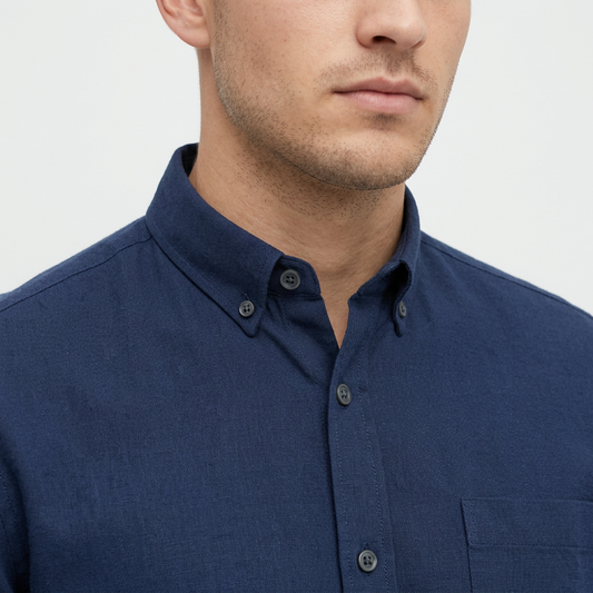 Camisa de apariencia de lino manga larga azul plumbago para hombre