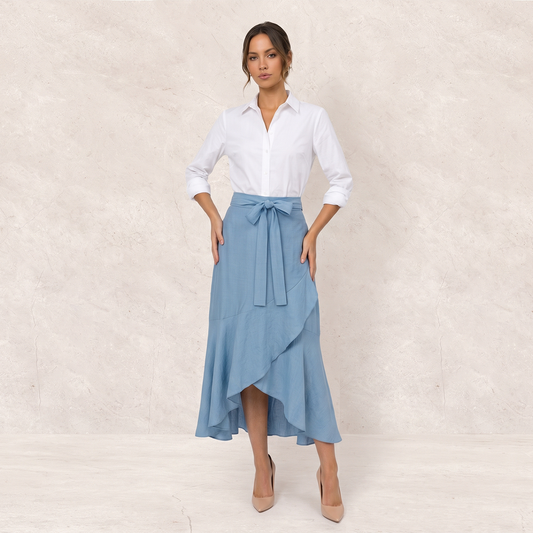 Falda Azul Cielo Midi Mujer Asimétrica Cintura Elástica con Moño Frontal
