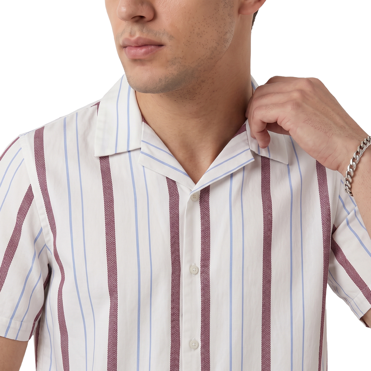 Camisa Hombre Estampado Vertical Cuello Resort de Algodón Corte Loose Fit