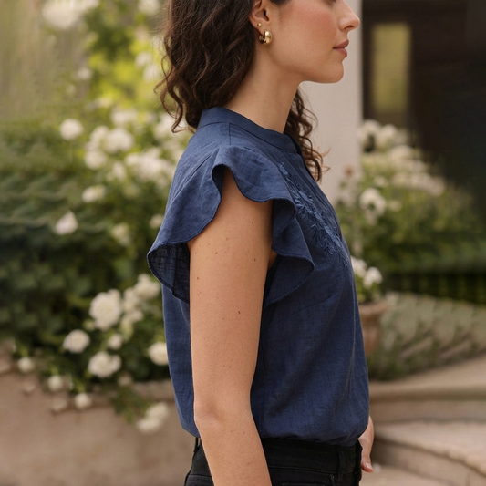 Blusa Azul Marino Casual Mujer Algodón Cuello Mao Bordada Artesanal