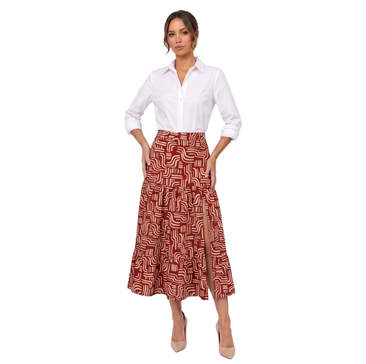 Falda Midi Estampado Rojo Mujer con Olanes y Cintura Elástica