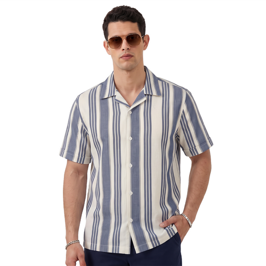 Men's Loose Fit Vertical Print Resort Collar Cotton Shirt