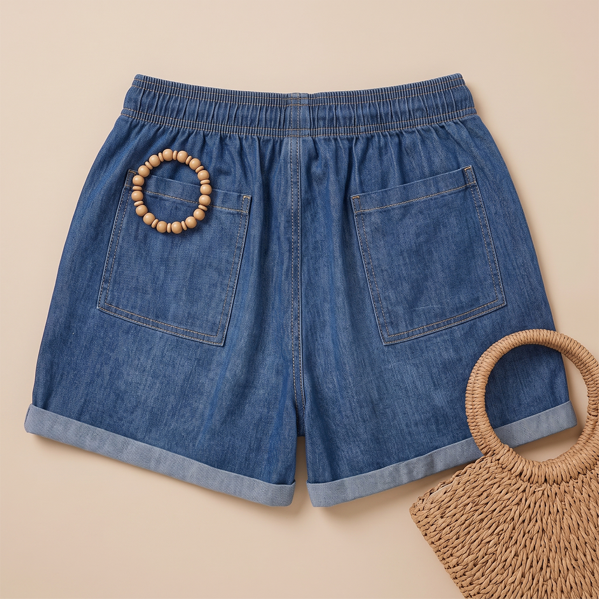 Short Azul Denim Mujer Cintura Elástica y Cordón Ajustable Casual
