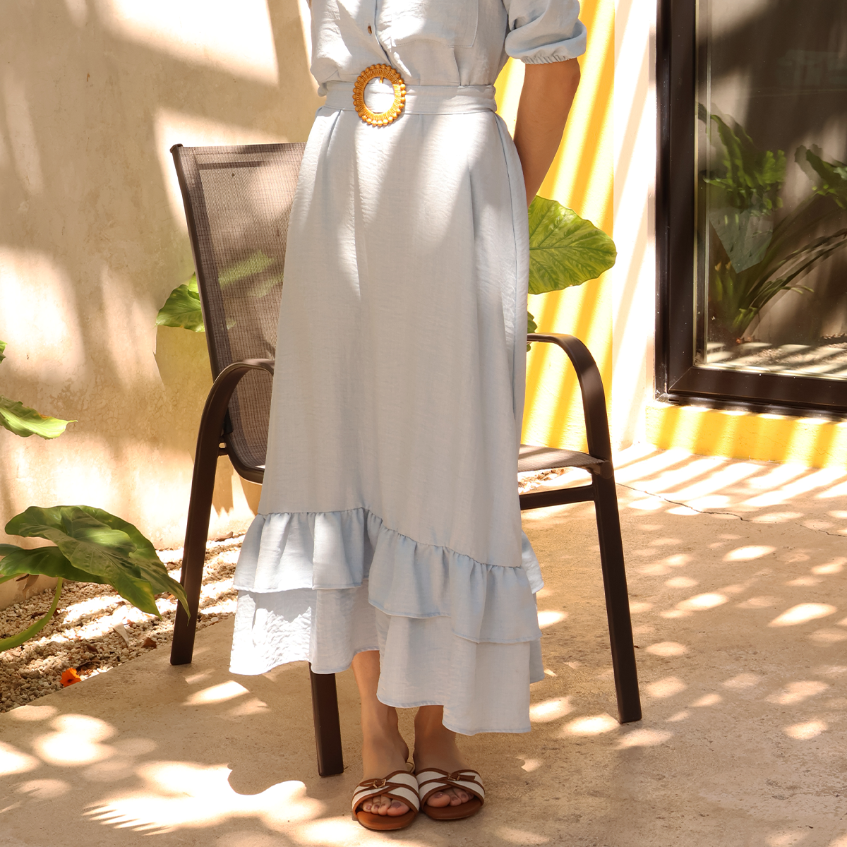 Vestido Camisero Largo Mujer con Cinturón Azul Cielo Ajustable Tela Ligera Casual