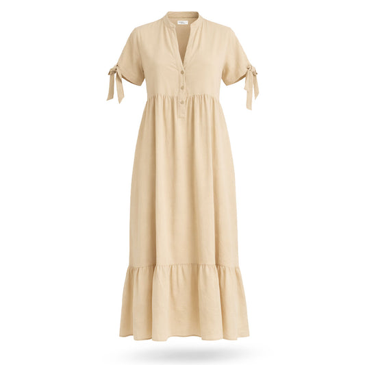 Vestido Largo Mujer Caqui Escote Camisero Cuello Mao Lazo Ajustable Mangas
