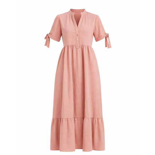 Vestido Palo de Rosa Largo Tipo Camisa Mujer Cuello Mao con Lazo en Mangas