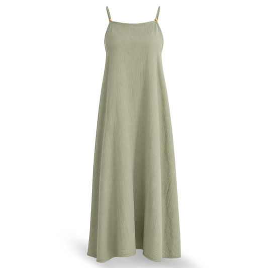 Vestido Verde Olivo Largo Mujer Tirantes Ajustables Casual Fresco Algodón