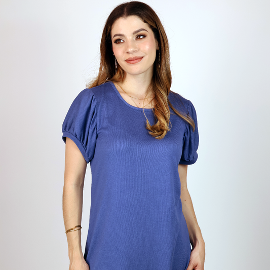 Vestido Azul Acero De Verano Mujer Manga Abullonada Ligero Y Fresco