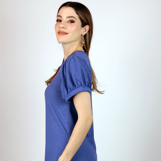 Vestido Azul Acero De Verano Mujer Manga Abullonada Ligero Y Fresco