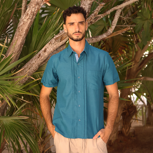 Camisa Guayabera de Manga Corta Color verde Petróleo