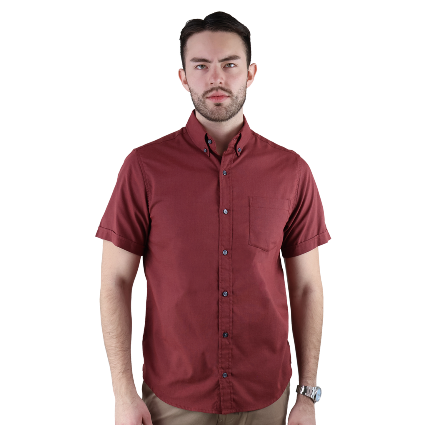 Men's Burgundy Short Sleeve Regular Fit Cotton Shirt