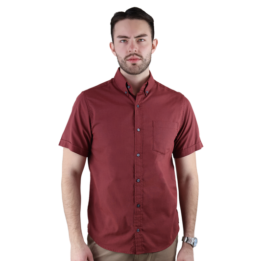 Camisa Manga Corta Rojo Vino De Algodón Corte Regular Para Caballero