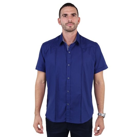Guayabera Azul Marino De Algodón Manga Corta Con Alforzas Para Hombre