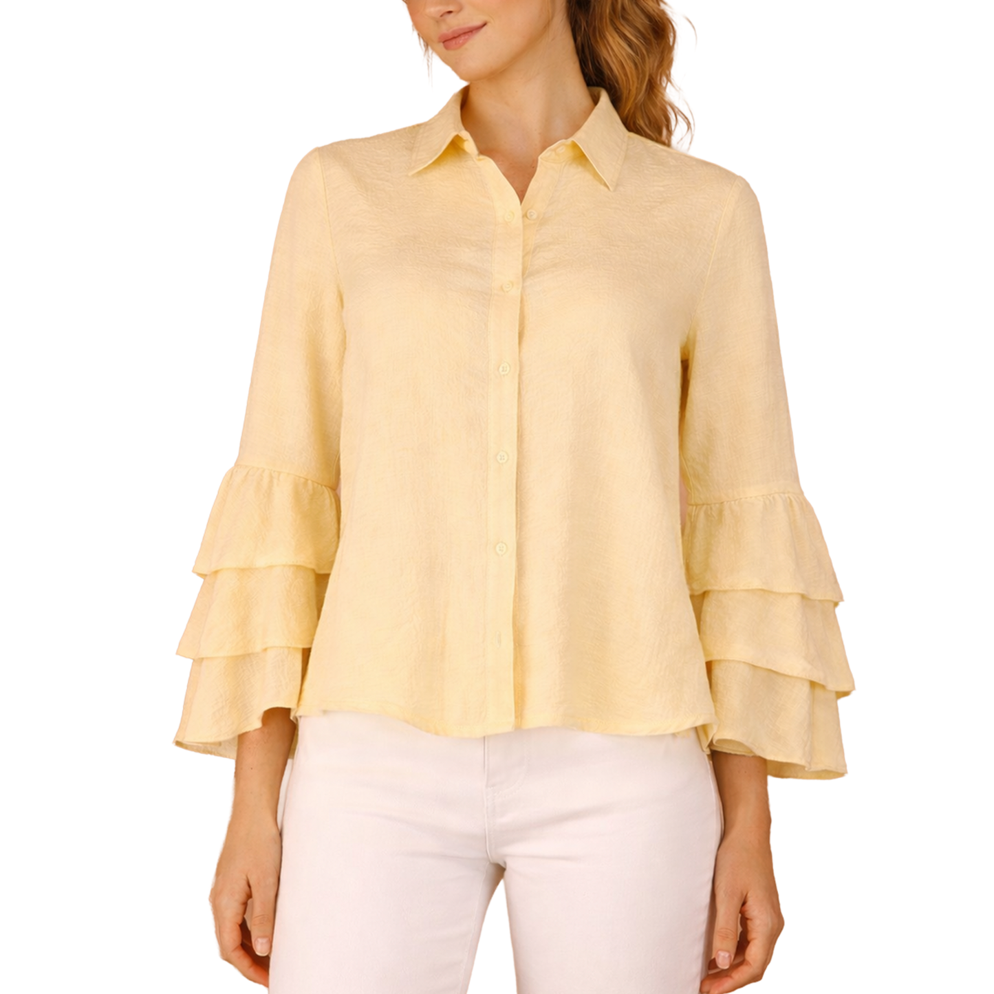 Modern Yellow Blouse with Buttons and Ruffled Long Sleeves