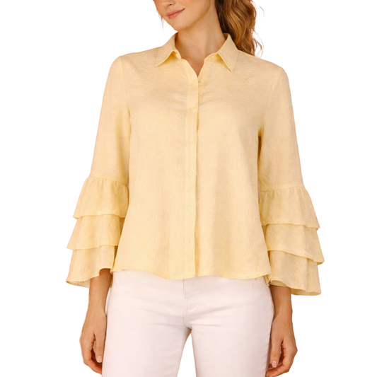 Blusa Amarilla Moderna Con Botones Manga Larga Con Olanes