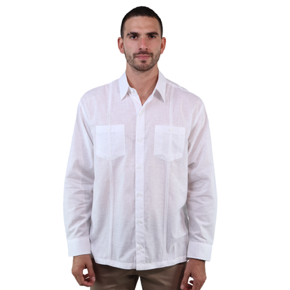 Men's Classic Fit White Long Sleeve Guayabera Italian Collar