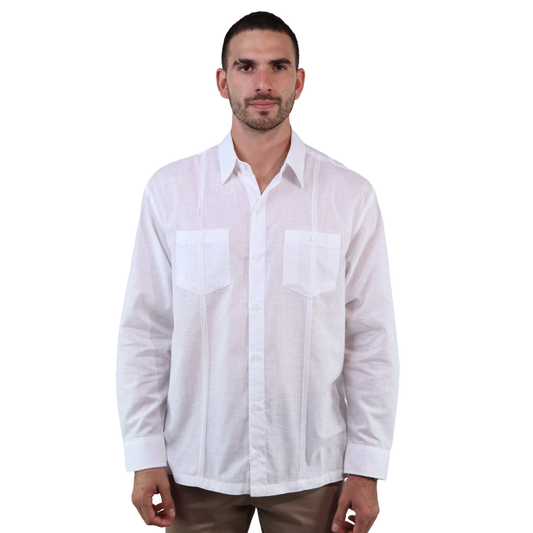 Guayabera Blanca Manga Larga Cuello Italiano Corte Clasico Para Hombre