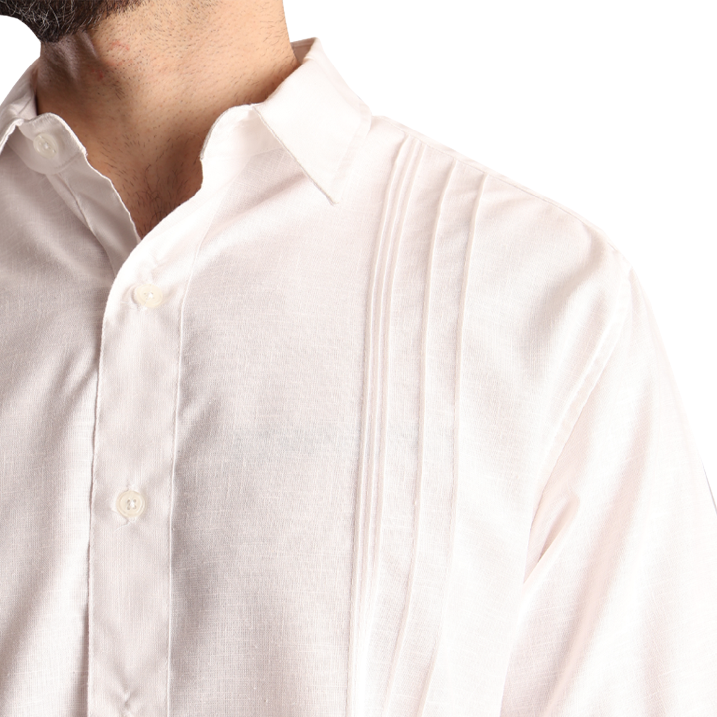 Men's White Short-Sleeve Guayabera with Pin Tucks and Linen Look