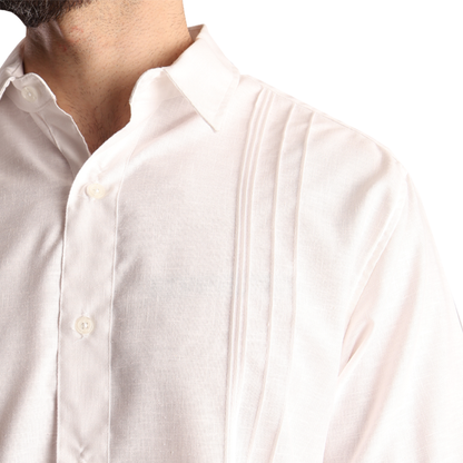 Men's White Short-Sleeve Guayabera with Pin Tucks and Linen Look