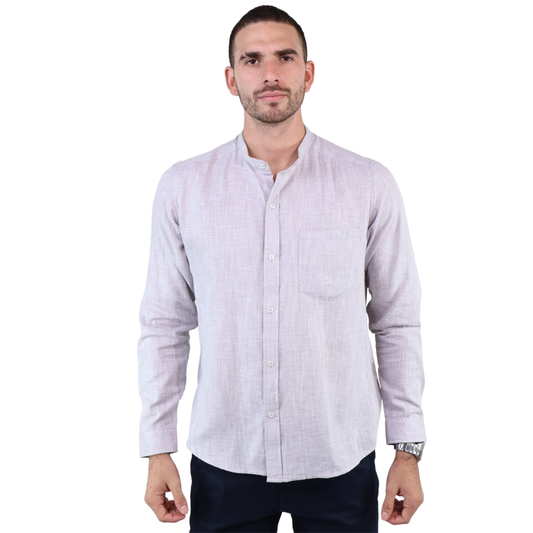 Camisa Gris Textura Lino Manga Larga Slim Fit Cuello Mao Para Caballero