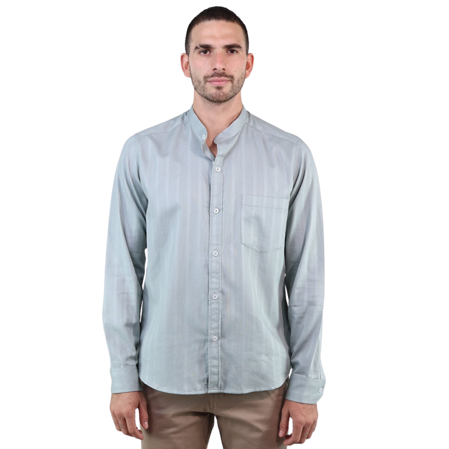 Men's Pistachio Green Long-Sleeved Shirt with Vertical Line Texture