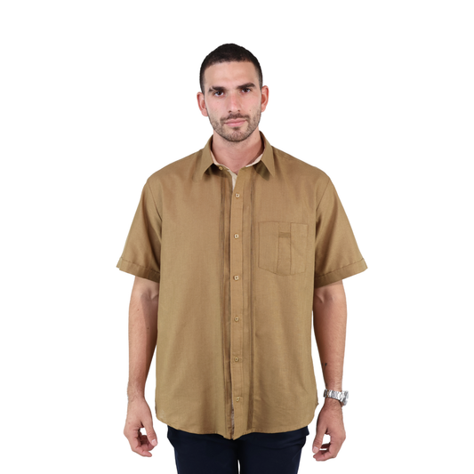 Guayabera Color Ocre Manga Corta Clasico Alforzada De Algodón Para Hombre