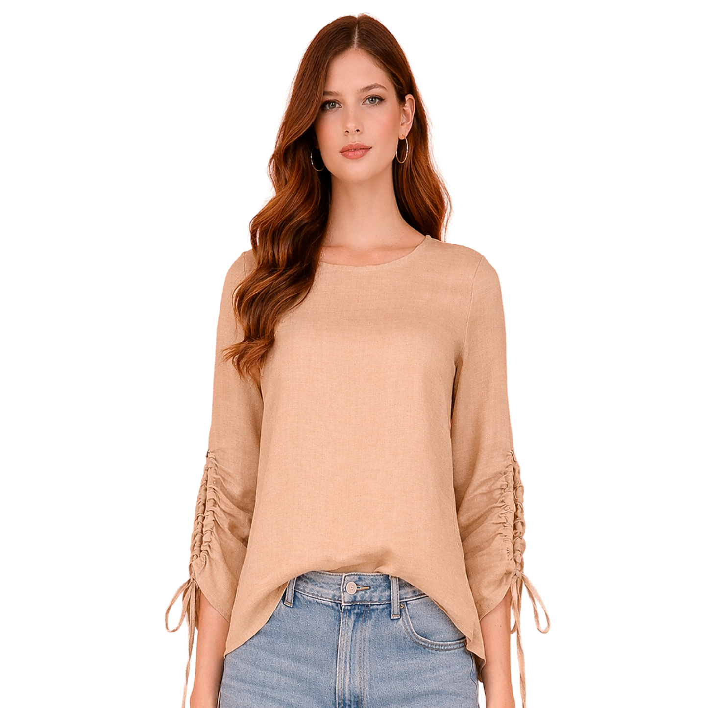 Khaki Blouse Long Sleeve Adjustable Detail Elegant Comfortable