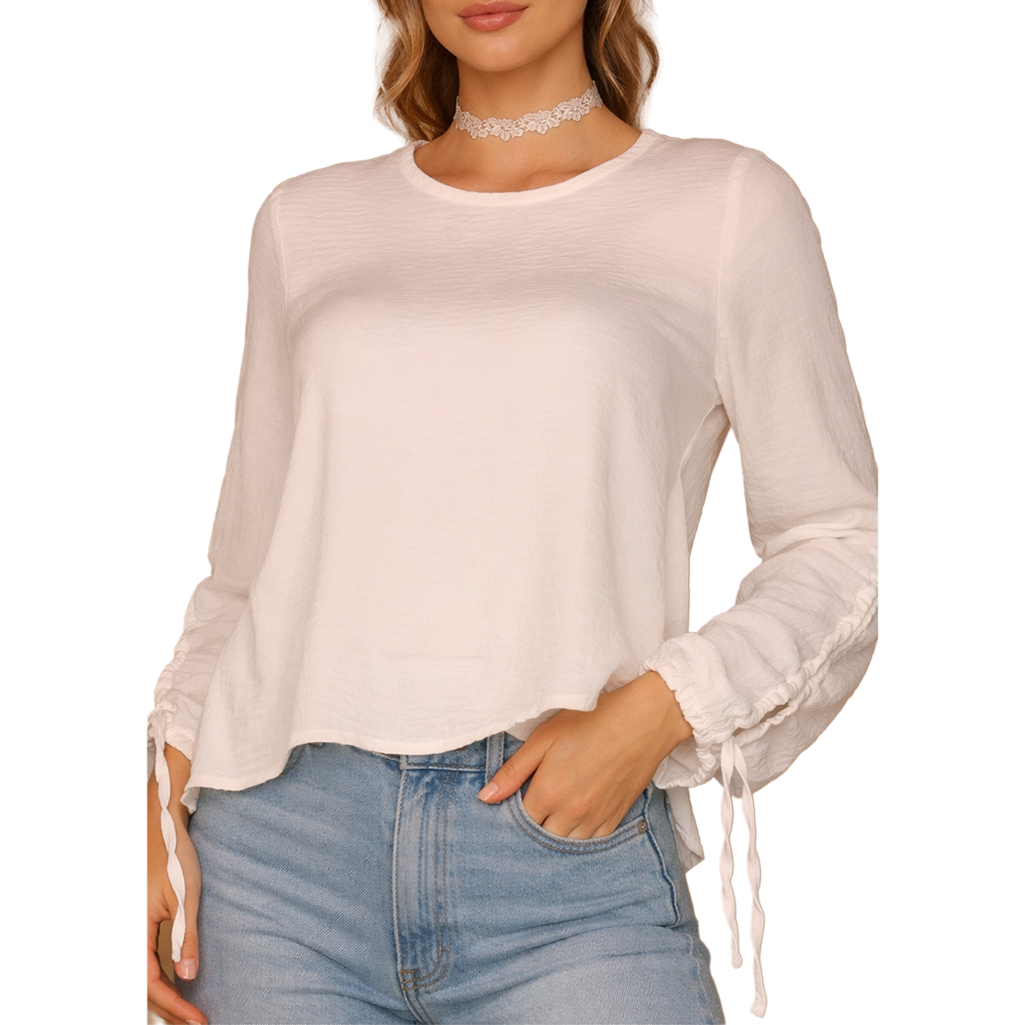 Blusa Blanca Fresca Manga Larga Ajustable Casual Cómoda
