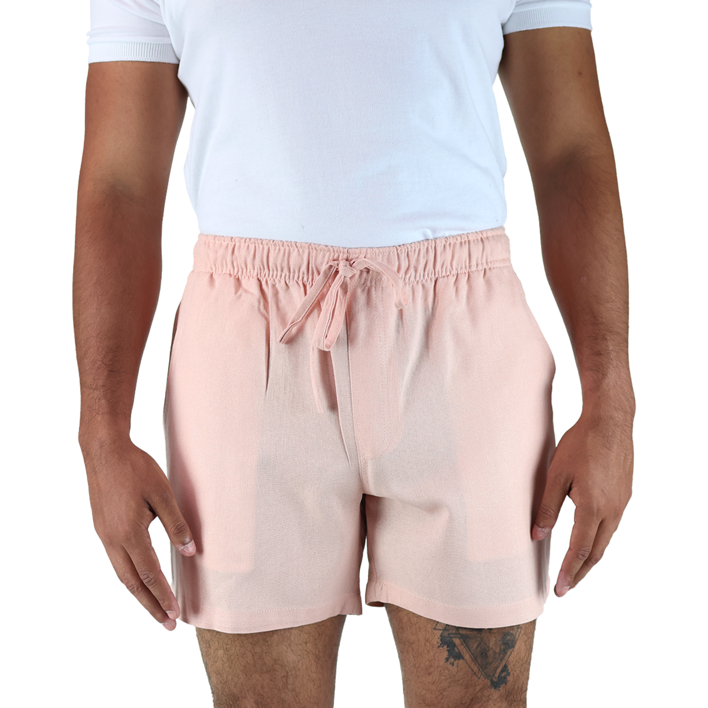 Men's Pink Elastic Adjustable Linen Texture Shorts with Pockets