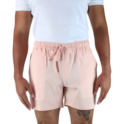 Men's Pink Elastic Adjustable Linen Texture Shorts with Pockets