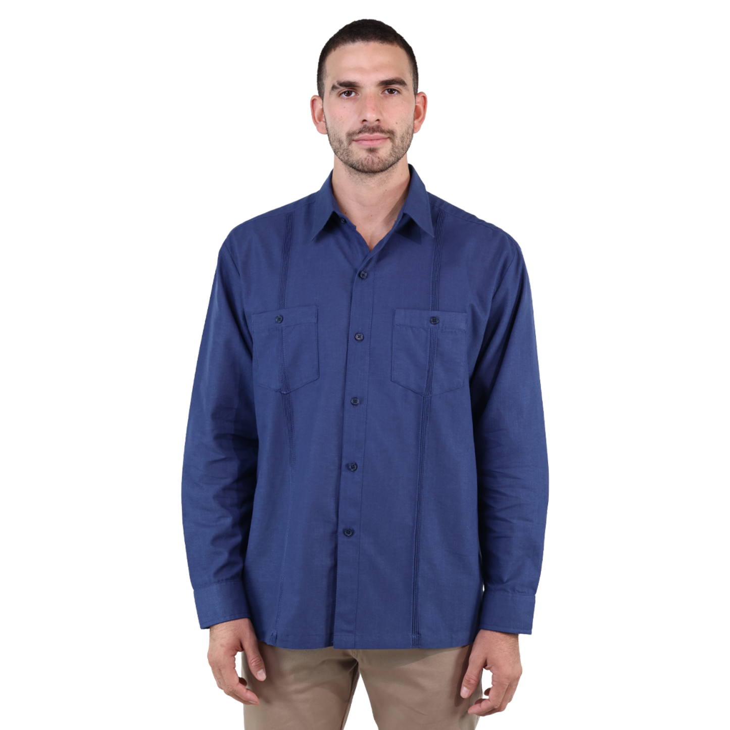 Men's Classic Cut Navy Blue Long Sleeve Guayabera with Pleats and Linen Texture