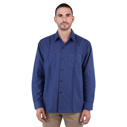 Men's Classic Cut Navy Blue Long Sleeve Guayabera with Pleats and Linen Texture