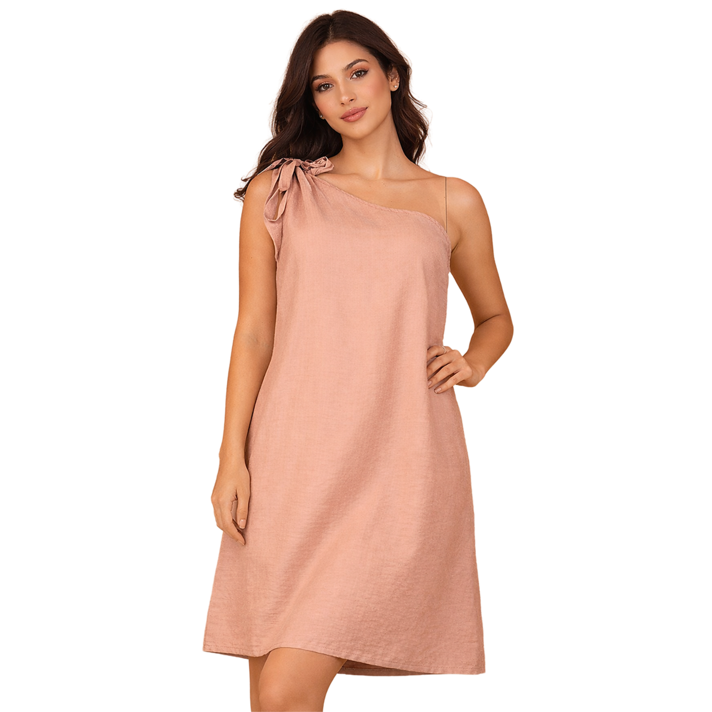 Vestido Caqui Corto Mujer Elegante de Una Manga con Lazo Formal